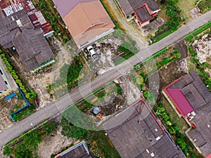 Aerial view of village houses in Felda Air Tawar 4, Kota Tinggi, Johor, Malaysia.