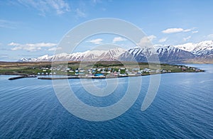 aerial view of the village on the island of Hrisey in Iceland