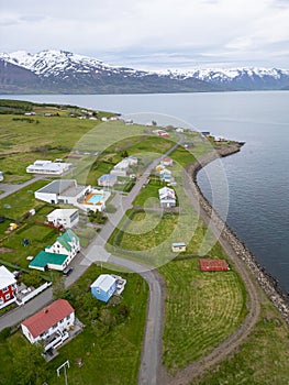 aerial view of the village on the island of Hrisey in Iceland