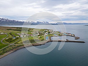 aerial view of the village on the island of Hrisey in Iceland