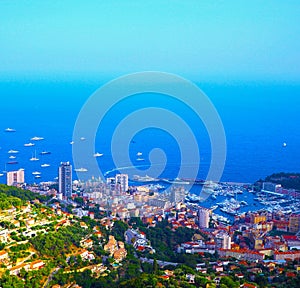 Aerial view from village La Turbie to Principality Monaco, Monte-Carlo