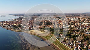 Aerial view of the village of Meze, on a winter morning, in Herault in Occitanie, France