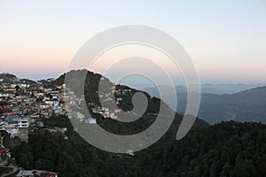 Aerial view of village and mountains in the morning, Mussoorie,