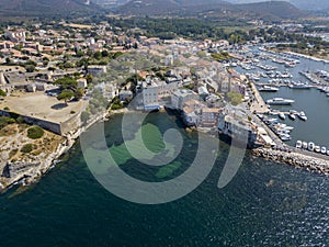 Aerial view of the village of Saint Florent, Corsica, France.