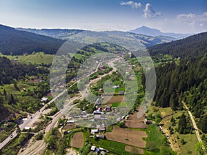 Aerial view of village in the spring.