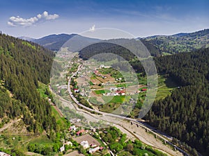 Aerial view of village in the spring.