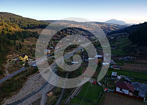 Aerial view of village in the spring.