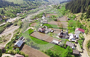 Aerial view of village in the spring. counrtyside