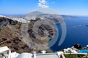 Aerial view on village of Thira town on Santorini island, Greece