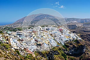 Aerial view on village of Thira town on Santorini island, Greece