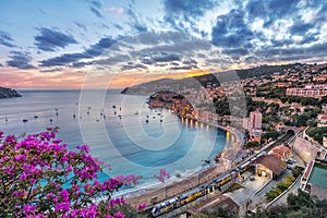 Aerial view of Villefranche-sur-Mer on sunset, France