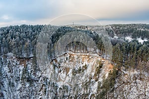 Aerial view of Vilnia river and snow covered geological Puckoriai exposure in Vilnius, the highest exposure in Lithuania