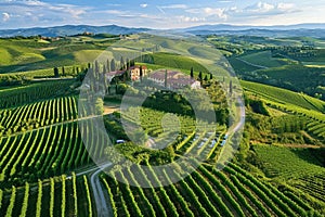 Aerial View of Vineyard in the Hills, Bird\'s-eye view of sprawling vineyards in Tuscany, Italy, AI Generated