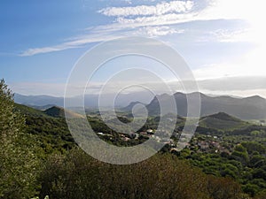 Aerial view of the vineyards in the Patrimonio hills at sunset. Corsica, France. photo