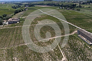 Aerial view on vineyards and villages near Mont Brouilly, wine appellation CÃÂ´te de Brouilly beaujolais wine making area along photo