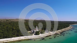 Aerial view of Vir island lighthouse and turquoise beach