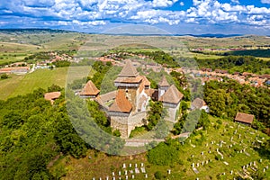 Aerial view of viscri fortified Church in Transylvania, Romania