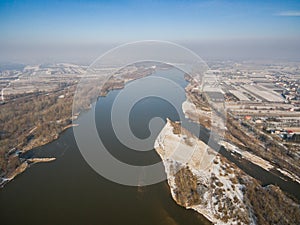 Aerial view of the Vistula river near Gora Kalwaria