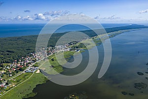Aerial view of Vistula Split. Mierzeja Wislana Landscape Park. Photo made from above by drone photo