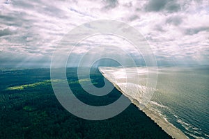 Aerial view of Vistula Split. Mierzeja Wislana Landscape Park. Photo made from above by drone photo