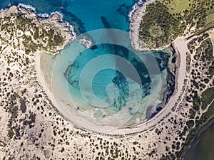 Aerial view of Voidokilia Beach, a popular beach in Messinia in the Mediterranean area
