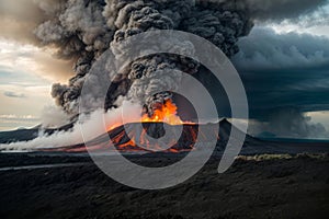 Aerial View of Volcanic Explosion, created with Generative AI technology