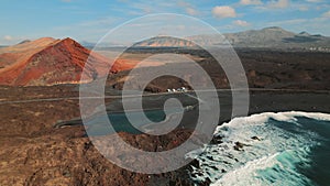 Aerial view volcanic green lake of Lanzarote Island. Spain