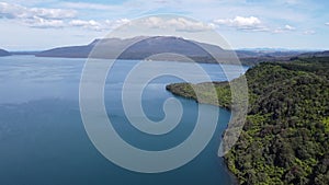 Aerial view of volcanic Lake Tarawera and Mount Tarawera