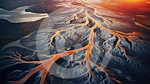 Aerial view of volcanic lava flow. Abstract nature background. 3d render Generative AI