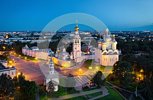 Aerial view of Vologda Kremlin at dusk, Russia