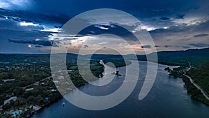 Aerial view of Volta lake under a gloomy sky in Akosombo, Ghana