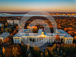 Aerial view of Voronezh in autumn evening from height of drone flight
