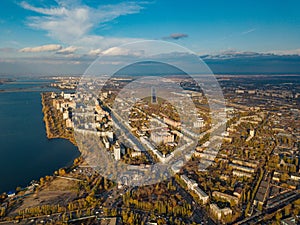 Aerial view Voronezh from height of aircraft flight. Left bank district in autumn