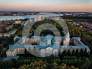 Aerial view of Voronezh in spring evening from height of drone flight
