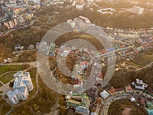 Aerial view of Vozdvizhenka district and museum of Kiev history at sunset. Ukraine.