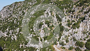 Aerial view of Vradeto Steps at Vikos gorge and Pindus Mountains, Zagori, Epirus, Greece