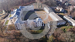 Aerial view of the Vyshnivets Palace, Ukraine, in autumn. Picturesquere therritory.