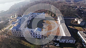 Aerial view of the Vyshnivets Palace, Ukraine, in autumn. Picturesquere therritory.