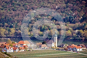 Aerial view of the Wachau valley. Village Unterloiben, now part of Duernstein in Lower Austria