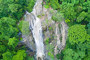 Aerial view of Wachirathan waterfall in rainy season at Doi Inthanon national park, Chian Mai, Thailand