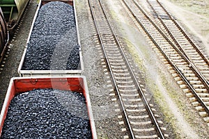 Aerial view on wagons with black coal.