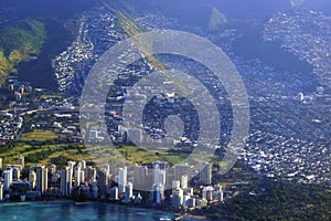 Aerial view of Waikiki Beach, hotels, Ala Wai Canal, Kapahulu to