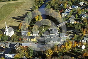 Aerial view of Waitsfield VT and the Mad River on Scenic Route 100 in Autumn