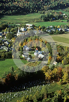 Aerial view of Waitsfield VT and the Mad River on Scenic Route 100 in Autumn