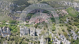 Aerial view of the walls of rocks of Orbaneja del Castillo, Spain.