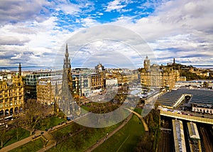 Aerial view of Walter Scott monument in Edinburgh