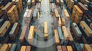 Aerial view of a warehouse with numerous shipping containers