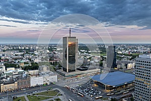 Aerial view of Warsaw downtown at dusk time