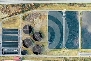 Aerial view of wastewater treatment plant, filtration of dirty or sewage water