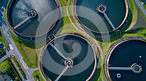 Aerial view of wastewater treatment plant, filtration of dirty or sewage water.